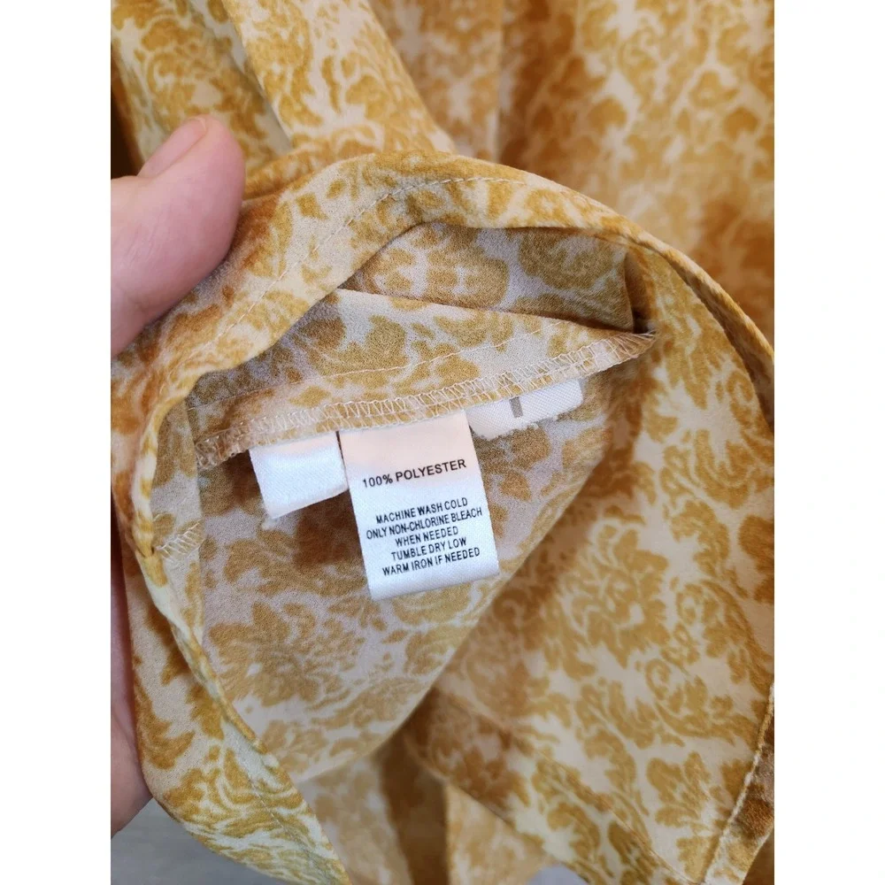 LOFT Size XS Yellow Damask Print Button Front Blouse Long Puff Sleeve Round Neck